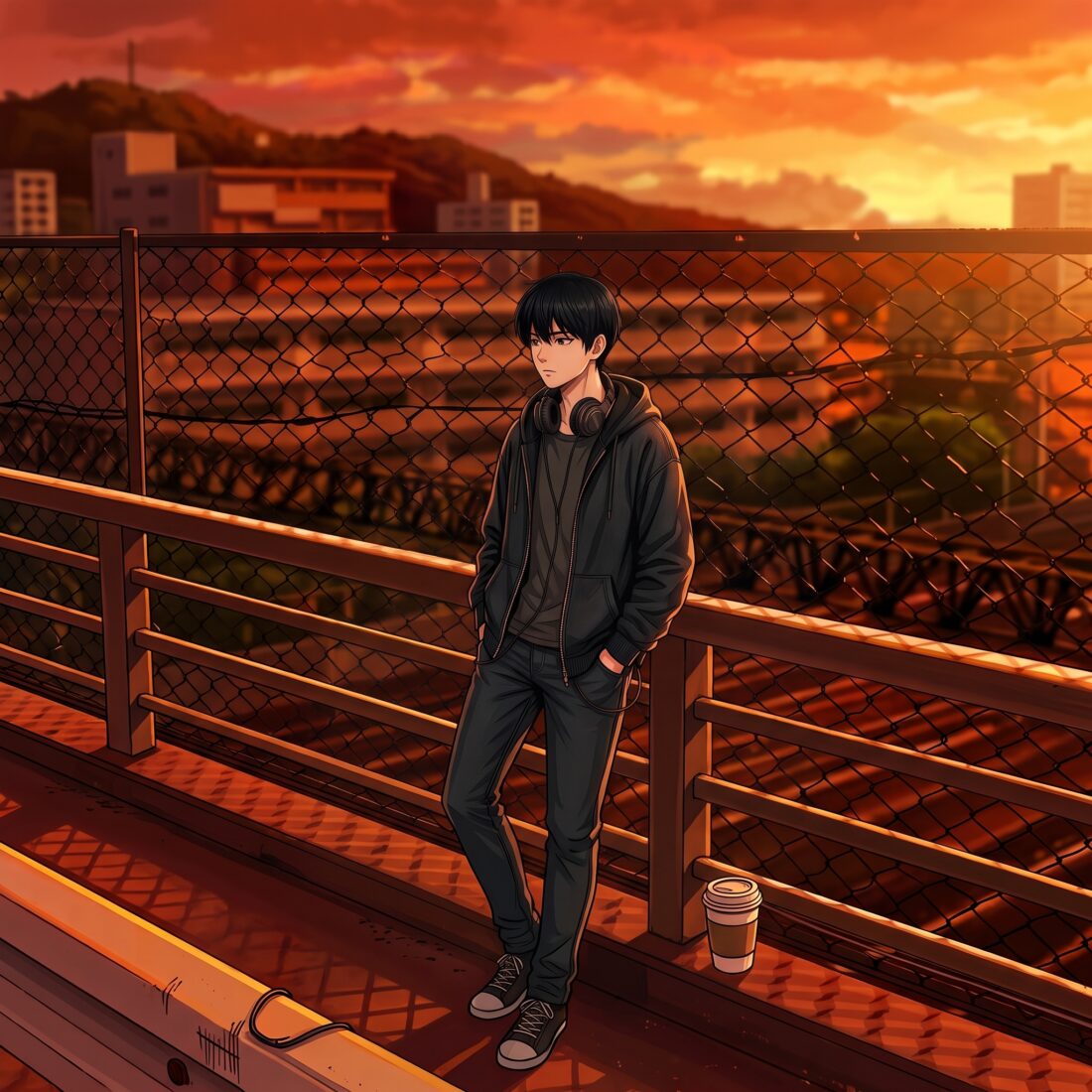 Illustration of a person on a bridge at sunset